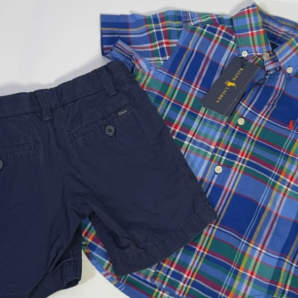 Ralph Lauren Boys 2T Plaid Button Down Shirt & Khaki Shorts Outfit Set NWT